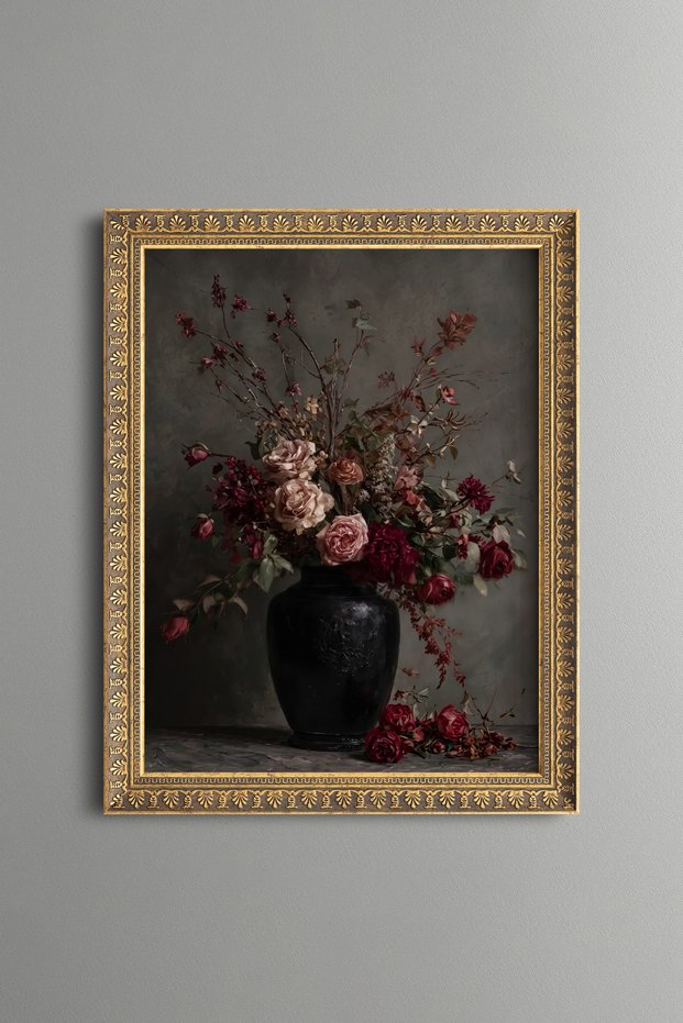 Pink and Burgundy Roses in a Black Vase - Vintage Patterned Painting - Fine Model