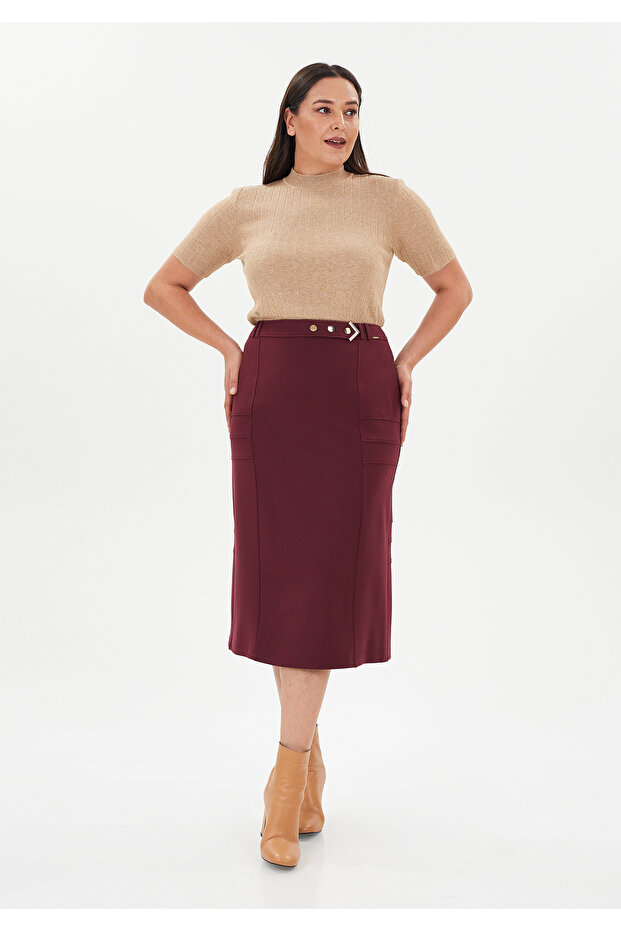 Gabardine Gold Accessory Pencil Midi Skirt