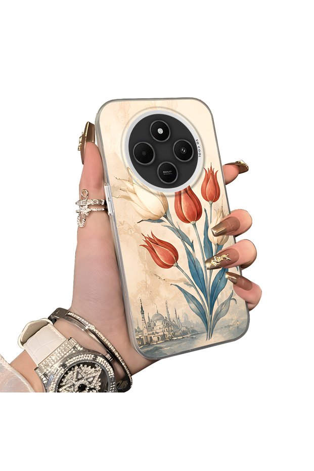 Redmi 14C Compatible Silicone Edge Hard Back Case Tulip Pattern Lover Couple Phone Case