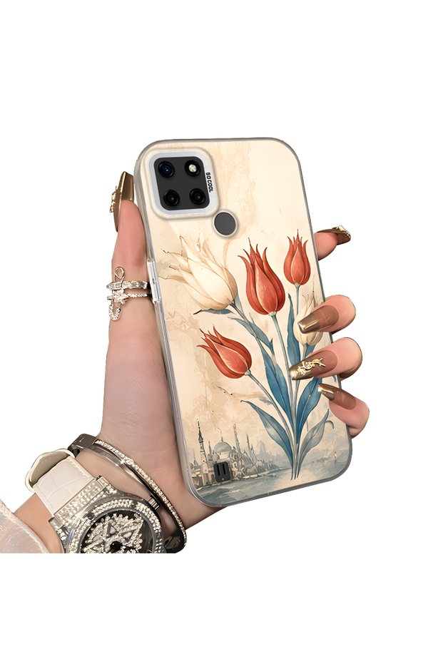 Realme C21Y Compatible Silicone Edge Hard Back Case Tulip Pattern Couple Phone Case