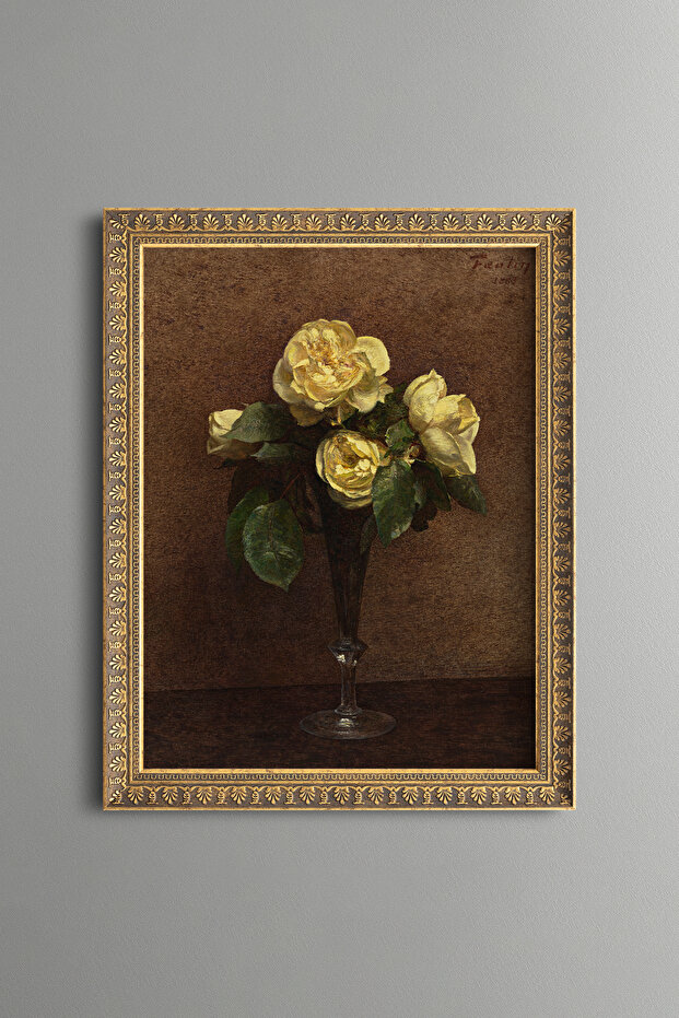 Yellow Roses in Glass Vase - Vintage Patterned Painting - Fine Model