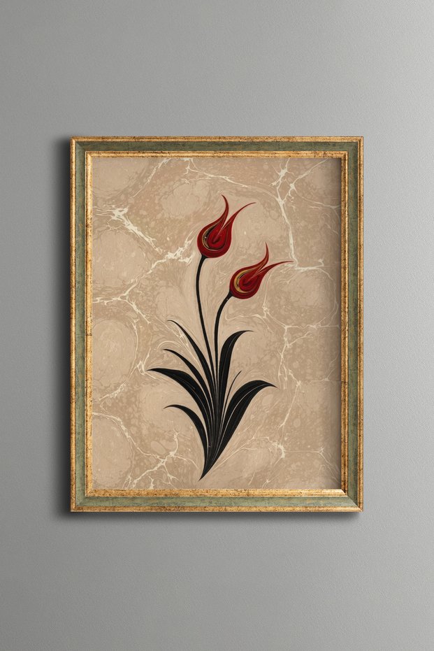 Marbling Art Red Tulips - Vintage Patterned Painting - Fine Model