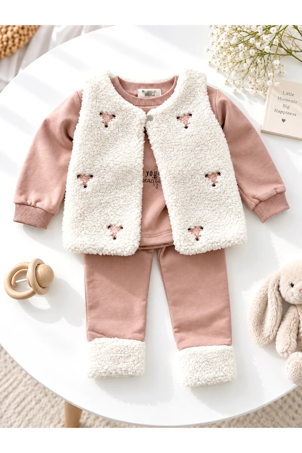 Embroidery Detail, Fur Vest, Embroidered Winter 3-Piece Baby Set