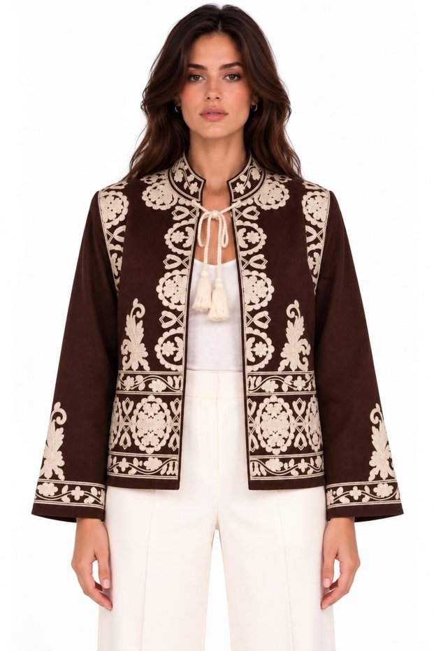 Brown Ethnic Embroidered Tassel Detailed Unlined Cashmere Jacket