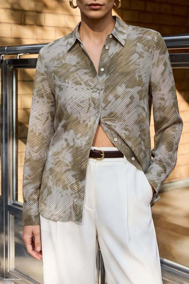 Striped Floral Patterned Shirt - Beige