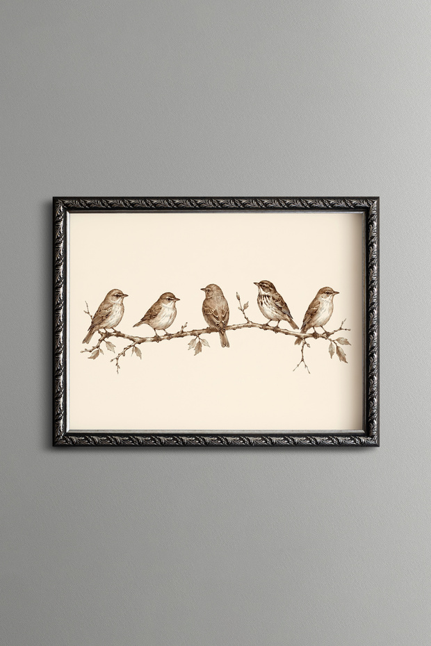 Five Sparrows on a Branch - Vintage Patterned Painting - Fine Model