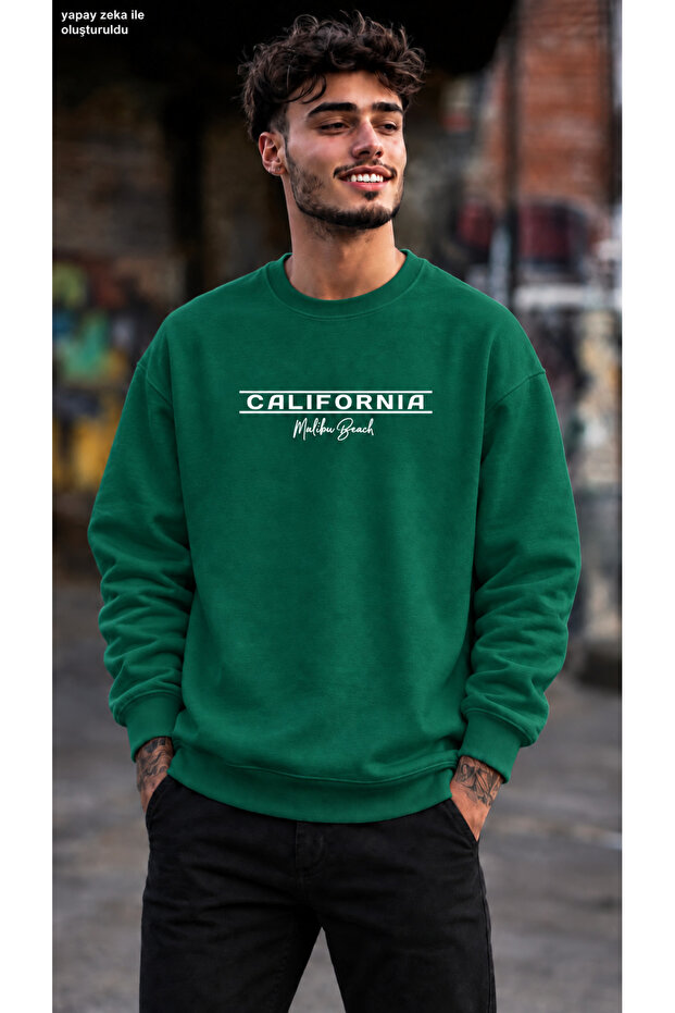 Men's California Malibu Beach Written Minimal Striped Graphic Printed Crew Neck Casual Regular Fit Sweatshirt