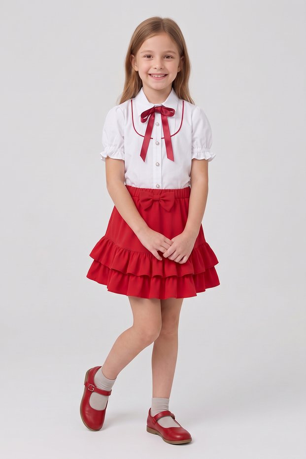 Girls' Red Bowknot Red Piping Short Sleeve Shirt Red Bowknot Layered Double Ruffle Skirt April 23 October 29 Show Outfit