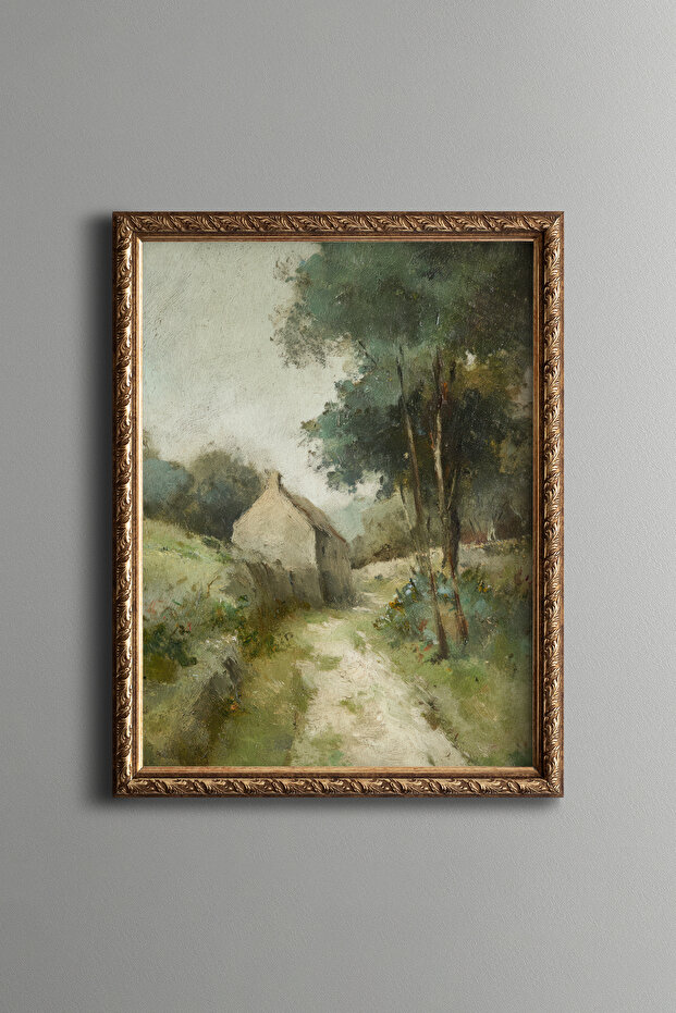 Village House on the Country Road - Vintage Patterned Painting - Fine Model