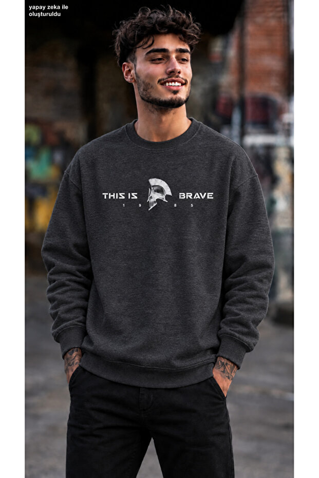 Men's This Is Brave 1985 Written Warrior Helmet Printed Crew Neck Casual Regular Fit Sweatshirt