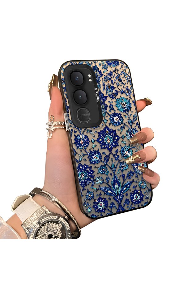 Vivo Y31 5g Compatible Silicone Edge Hard Back Case Phone Case with Patterned Iznik Ceramic