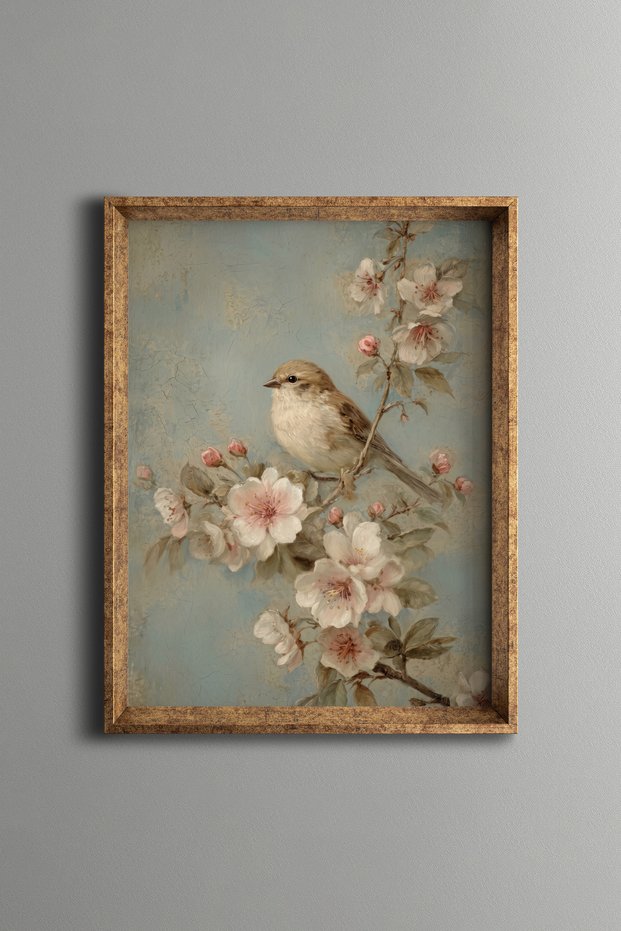 Little Bird among Spring Flowers - Vintage Patterned Painting - Fine Model