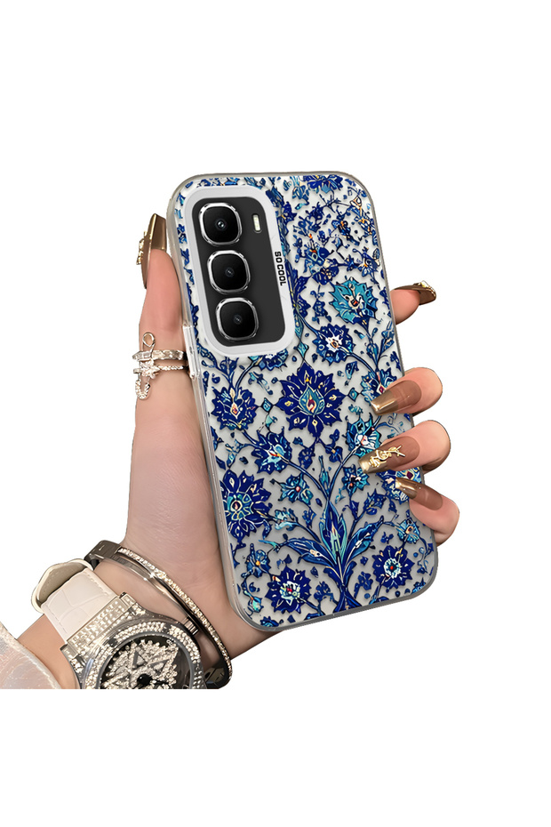 Infinix Hot 60 Pro Plus Compatible Silicone Edge Hard Back Case with Iznik Tile Pattern Phone Case