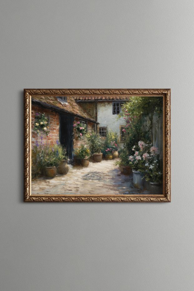 Floral Village Courtyard - Vintage Patterned Painting - Fine Model