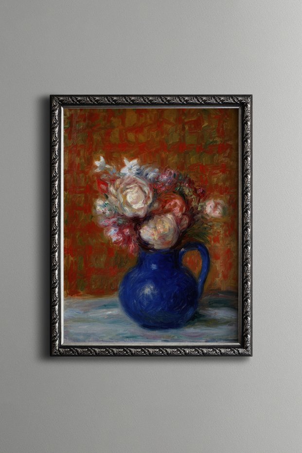 Flower Bouquet in Blue Ceramic Vase - Vintage Patterned Tabletop - Fine Model
