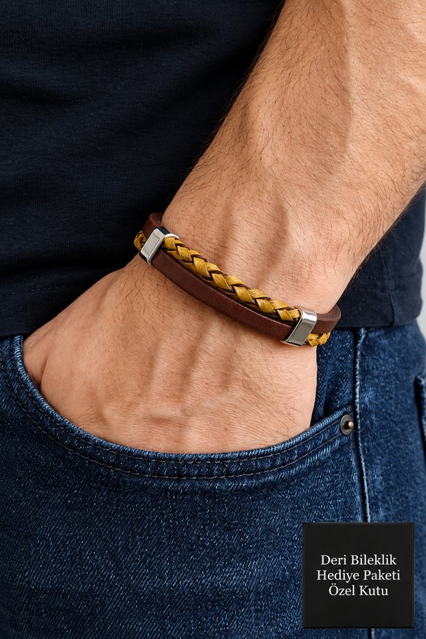 Darvello Saffronstrand Brown Leather Men's Bracelet - Mustard Braided Wide Band