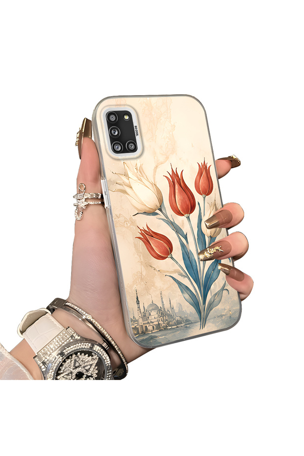 Samsung Galaxy A31 Compatible Silicone Edge Hard Back Case Tulip Pattern Loving Couple Phone Case