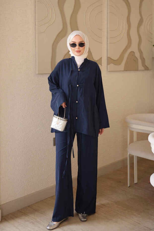 Navy Blue Lace Detailed Tunic and Trousers Set