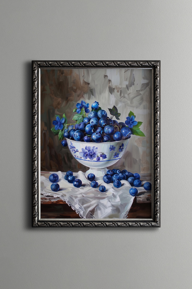 Blue Flowers and Blueberries in a Bowl - Vintage Patterned Painting - Fine Model