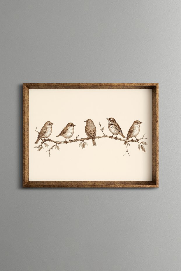 Five Sparrows on a Branch - Vintage Patterned Painting - Fine Model