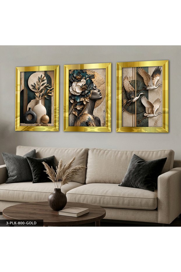 Plant Birds and Flowering Woman Portrait 3 Piece Plexi Mirrored Painting