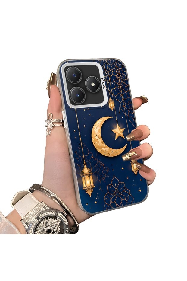 حافظة هاتف متوافقة مع Realme C63 مصنوعة من السيليكون الصلب وخلفية صلبة بنمط الهلال والنجمة