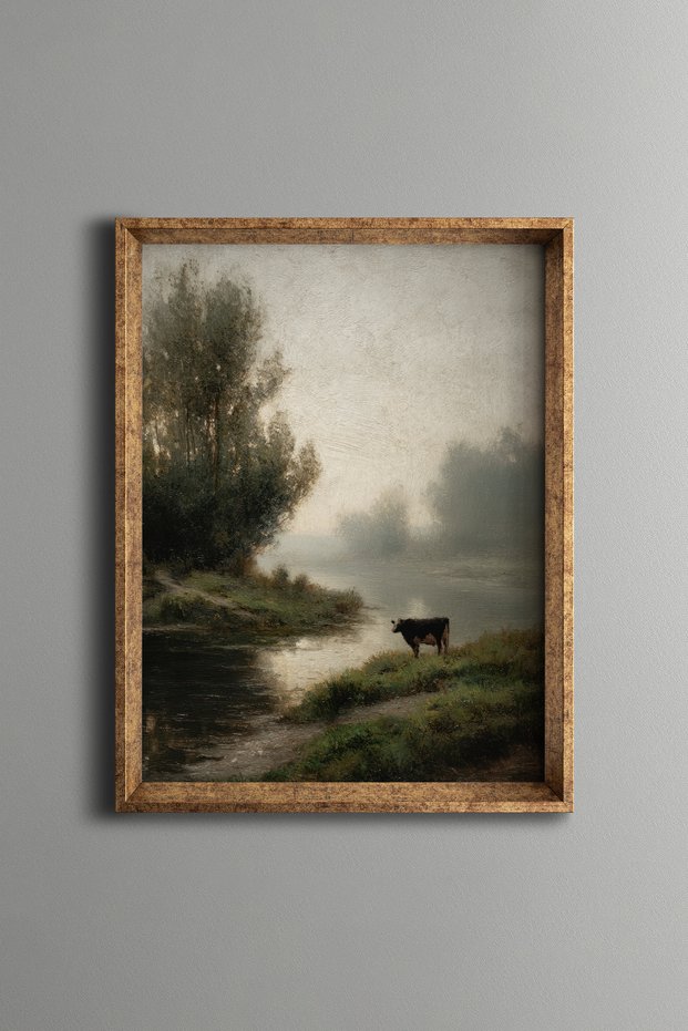 Cow on the Misty Lake Shore - Vintage Patterned Painting - Fine Model