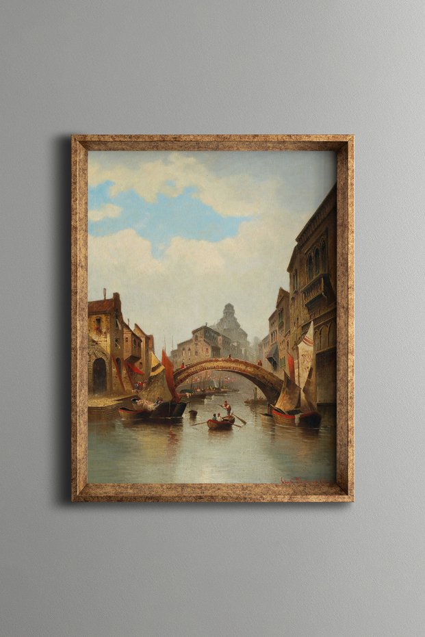 Bridge and Boats on the Venetian Canal - Vintage Patterned Painting - Fine Model