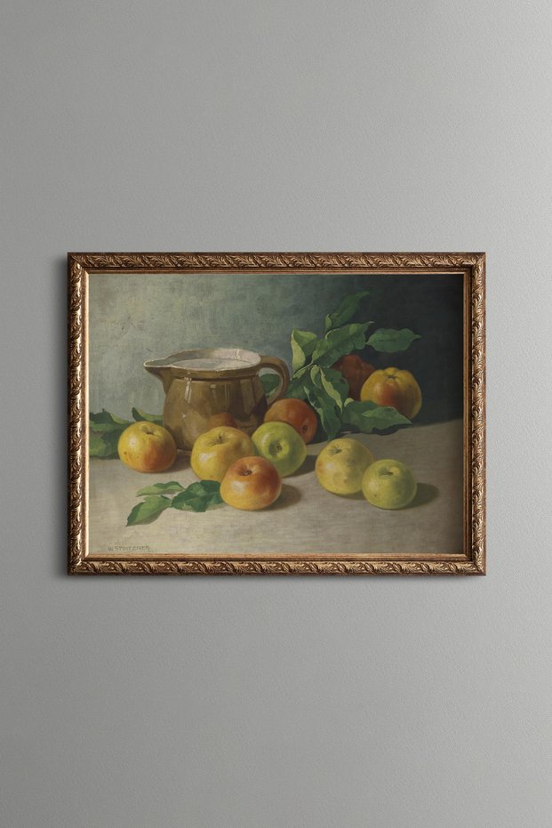 Apples and Ceramic Jug Still Life - Vintage Patterned Painting - Fine Model