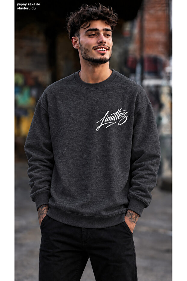 Men's Limitless Left Chest Calligraphy Printed Crew Neck Casual Regular Fit Sweatshirt