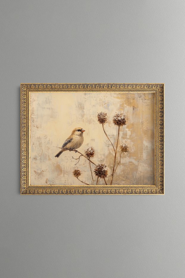 Little Bird on a Dry Flower Branch - Vintage Patterned Painting - Fine Model