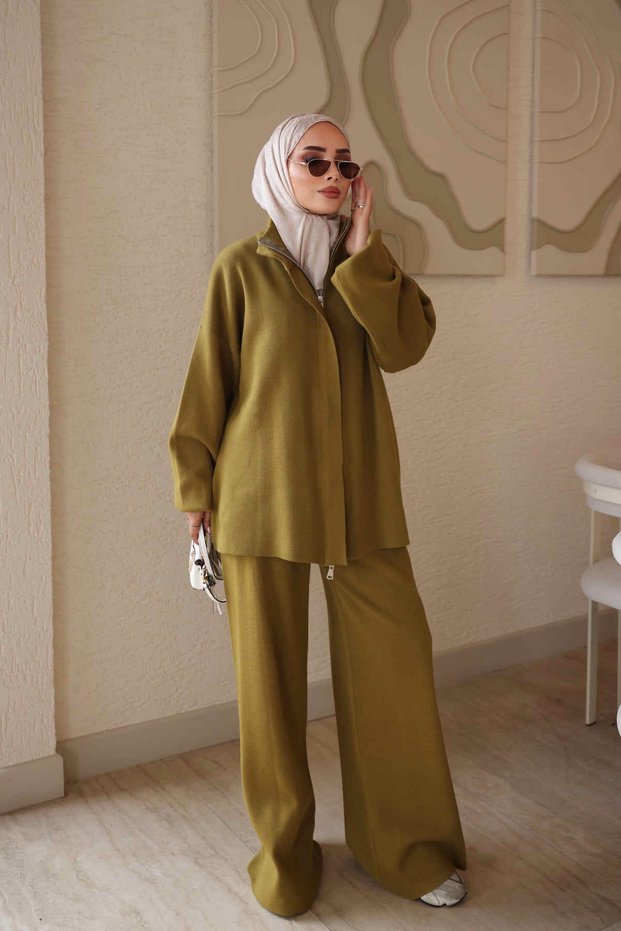 K. Oil Green Zippered Corsman Cardigan and Trousers Knitwear Set