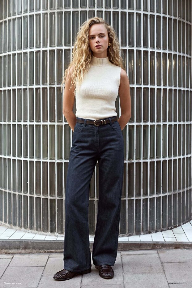 Belted Denim Look Trousers - Navy Blue
