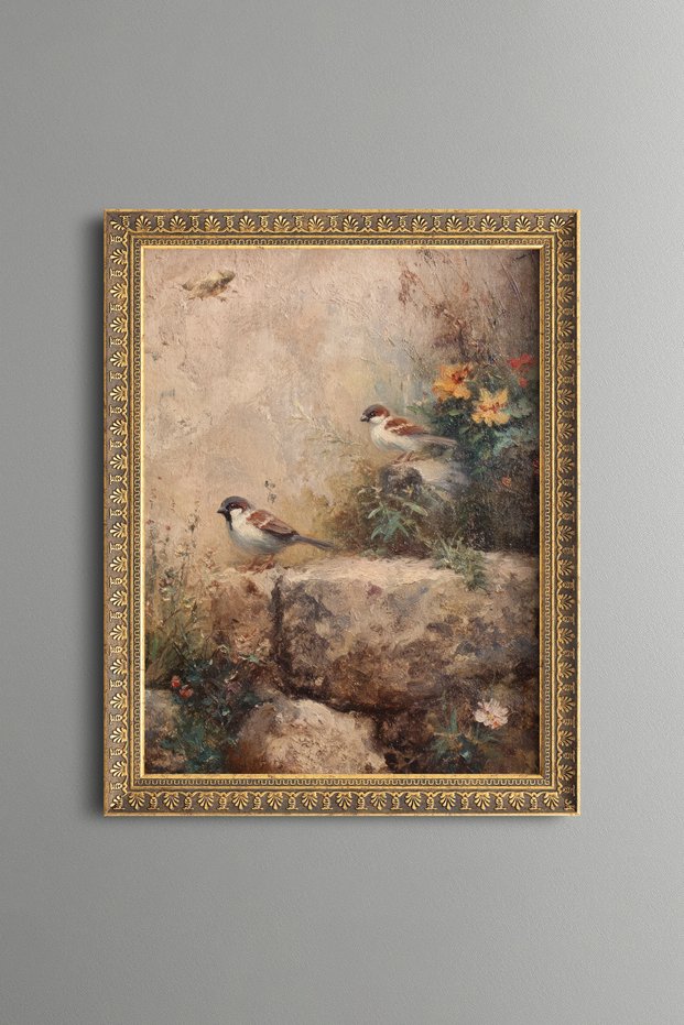 Two Sparrows among the Flowers - Vintage Patterned Painting - Fine Model