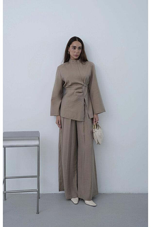 Tied Asymmetrical Zippered Trousers Suit Mink