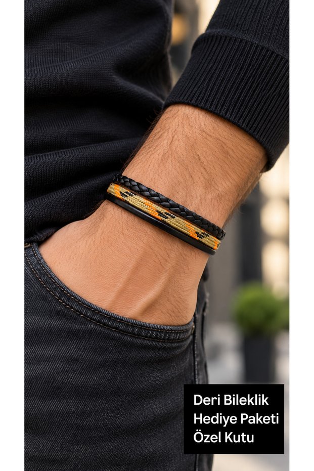 Olivento Flameweft Black Leather Men's Bracelet - Orange Patterned Woven and Knitted