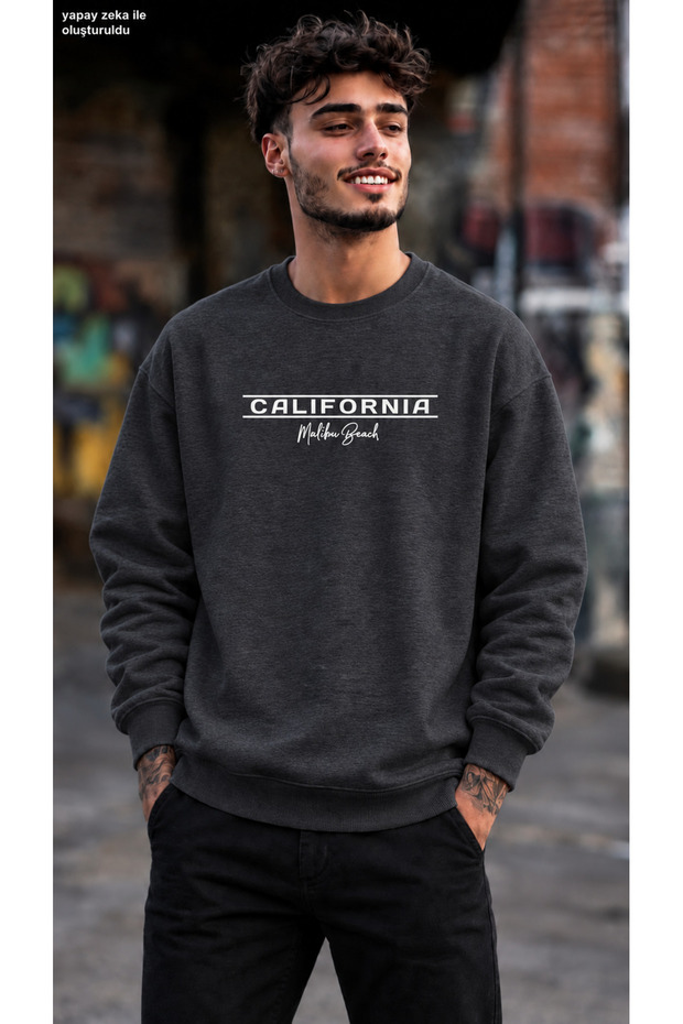 Men's California Malibu Beach Written Minimal Striped Graphic Printed Crew Neck Casual Regular Fit Sweatshirt