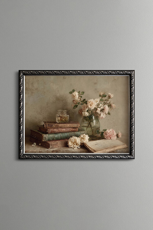 Roses among Old Books - Vintage Patterned Painting - Fine Model