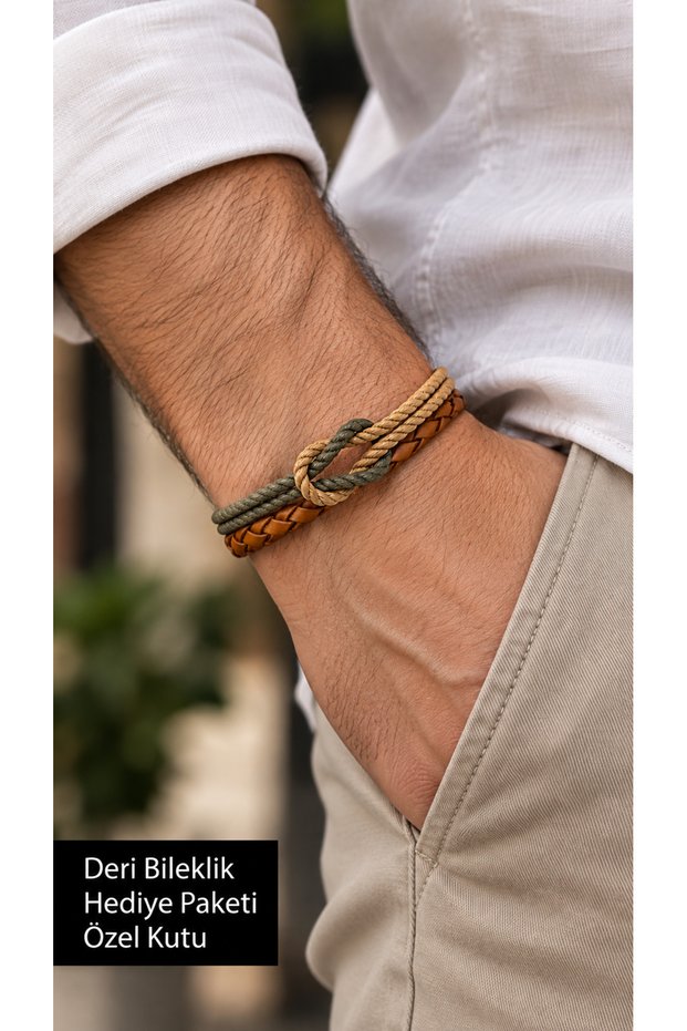 Calvanta Oliveknot Brown Leather Men's Bracelet - Khaki and Mustard Knotted Weave
