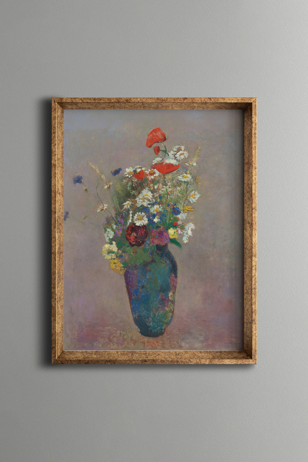 Poppies and Daisies in Blue Vase - Vintage Patterned Painting - Fine Model