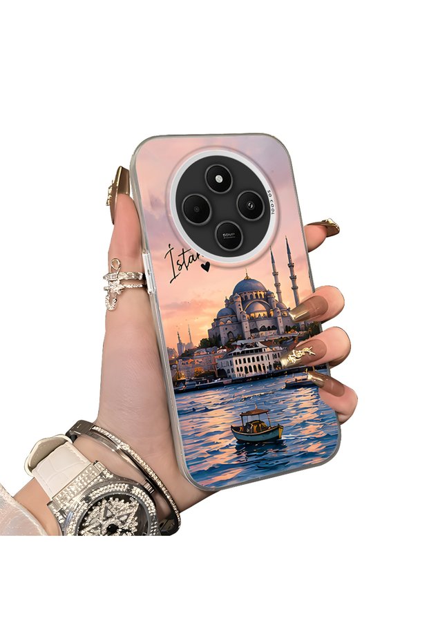 Redmi 14C Compatible Silicone Edge Hard Back Case Istanbul Patterned Couple Phone Case