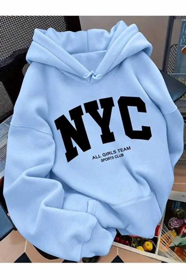 Nyc Sweatshirt - Baby Blue Printed Oversize Sweatshirt Printed Premium Oversize T-Shirt