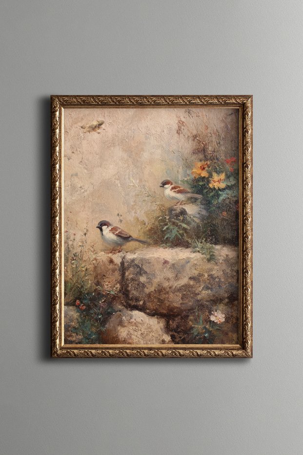 Two Sparrows among the Flowers - Vintage Patterned Painting - Fine Model