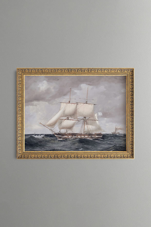Sailing Ship and Wavy Sea - Vintage Patterned Painting - Fine Model