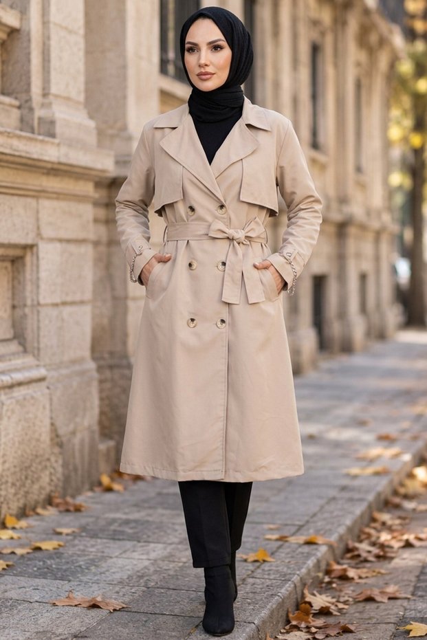 Belted Double-Breasted Buttoned Trench Coat Mink Hnt2809