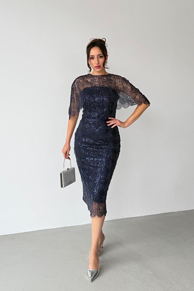 Navy Blue Strapless Cape Beaded Embroidered Midi Evening Dress
