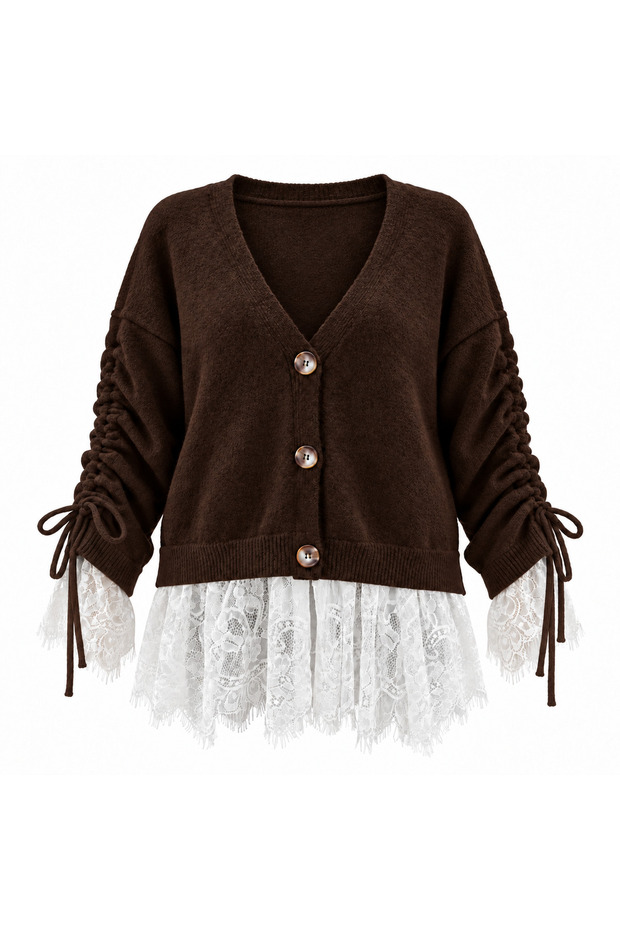Women's Lace Detailed Gathered Sleeve Tie-Up Buttoned Knitwear Cardigan 8012