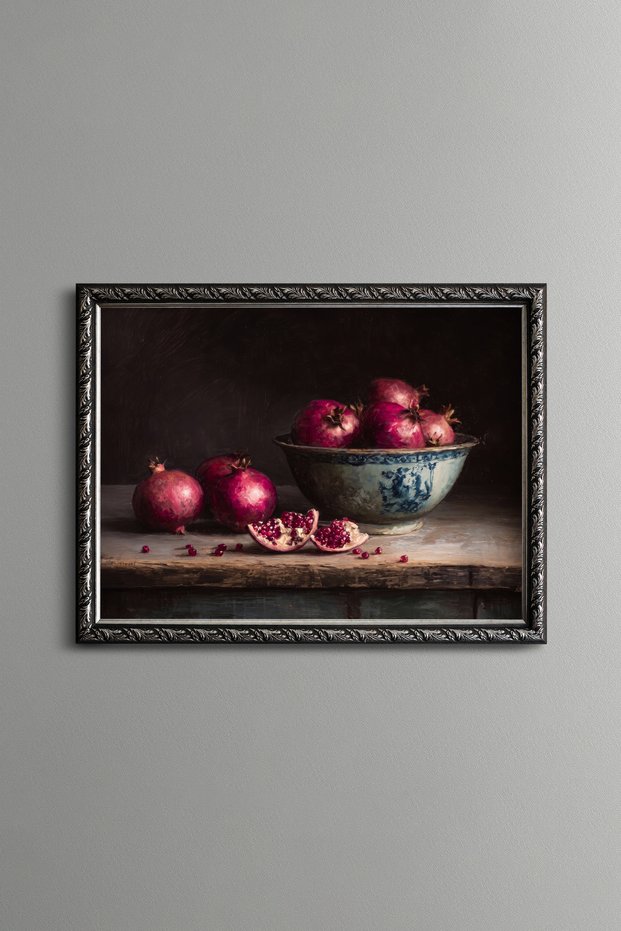 Pomegranates and Chinese Bowl - Vintage Patterned Painting - Fine Model