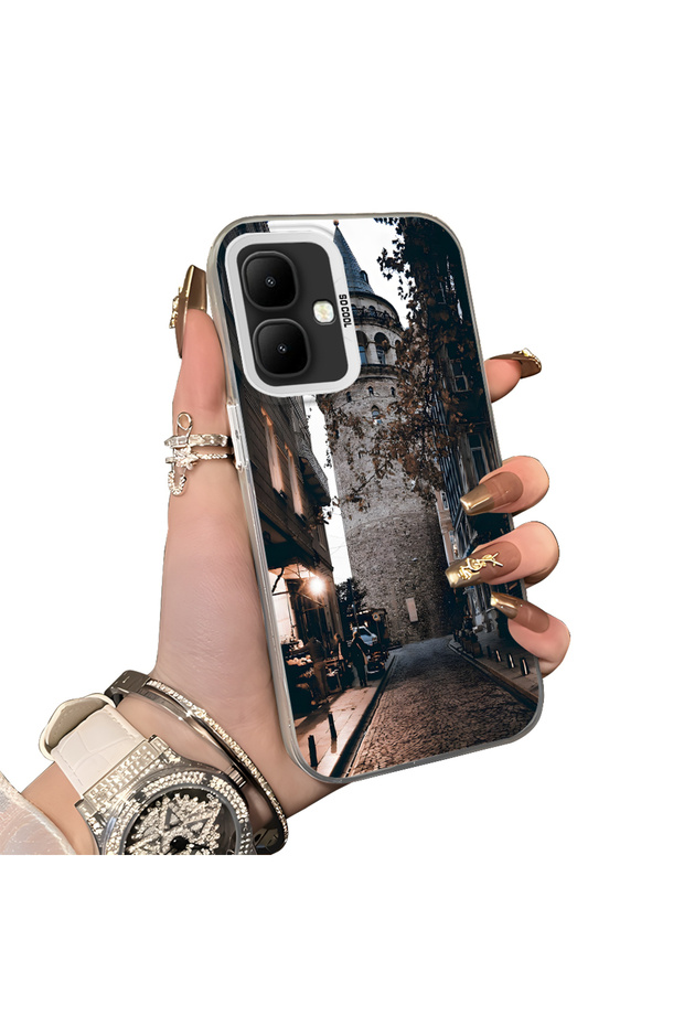 Infinix Smart 10 Compatible Silicone Edge Hard Back Case Galata Tower Patterned Phone Case