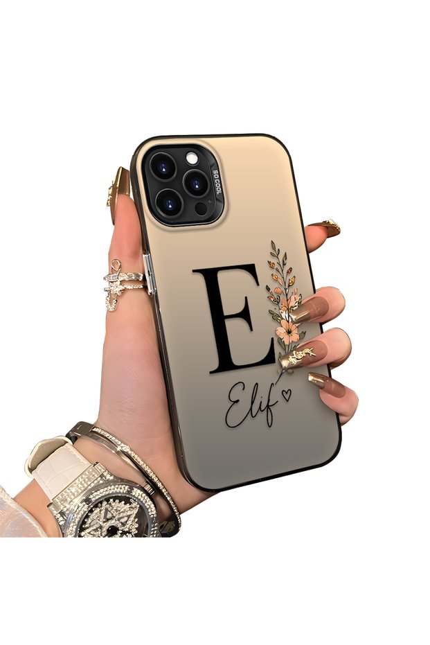 iPhone 14 Pro Compatible Silicone Edge Hard Back Case Letter E Patterned Couple Phone Case